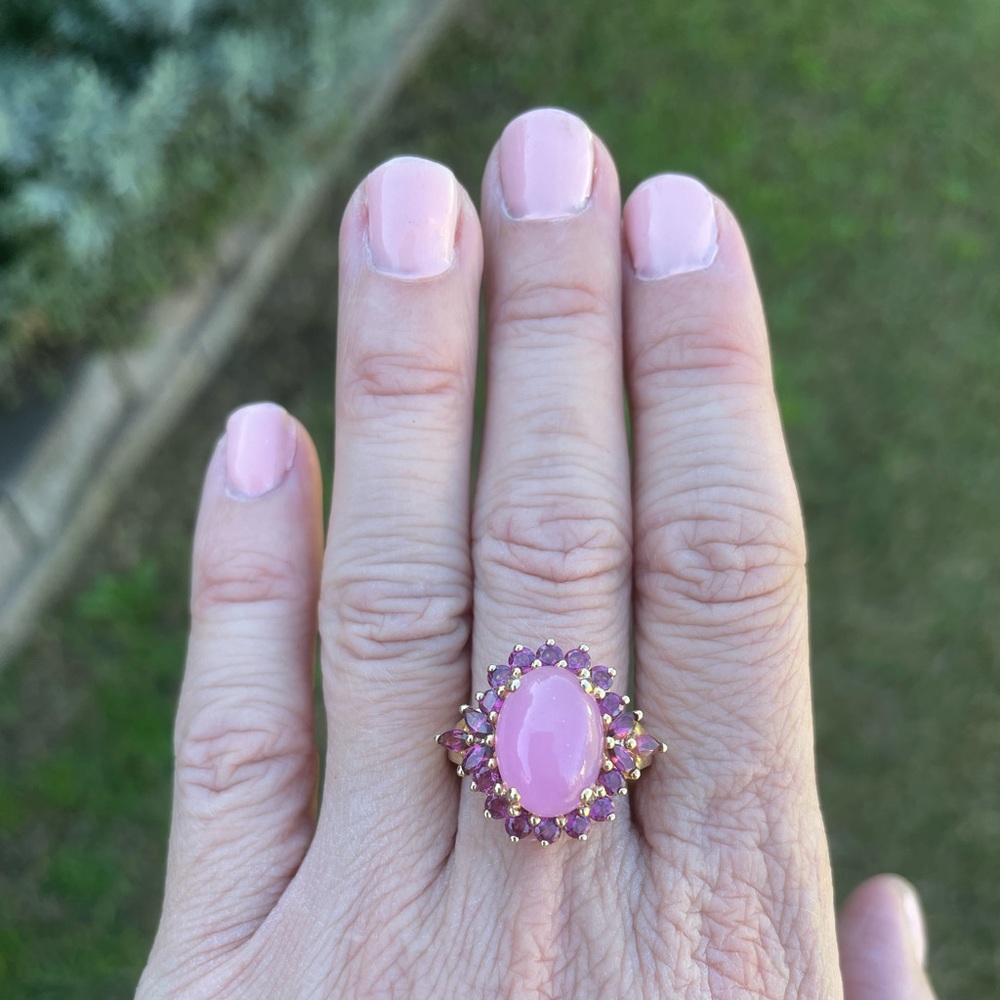 14k Gold, Pink Jade & Ruby Ring - Picture 7 of 8